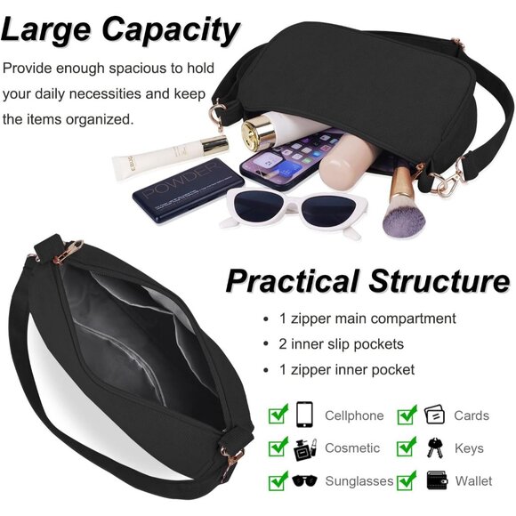 Women's Black Tote Handbag Clutch Purse Crescent Underarm Bag Cross Body Bags - Picture 3 of 7